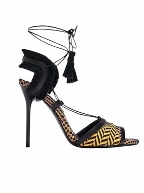 Zara Trafaluc New Tribal Woven Raffia Black Yellow Lace-Up High Heel Sandals 8